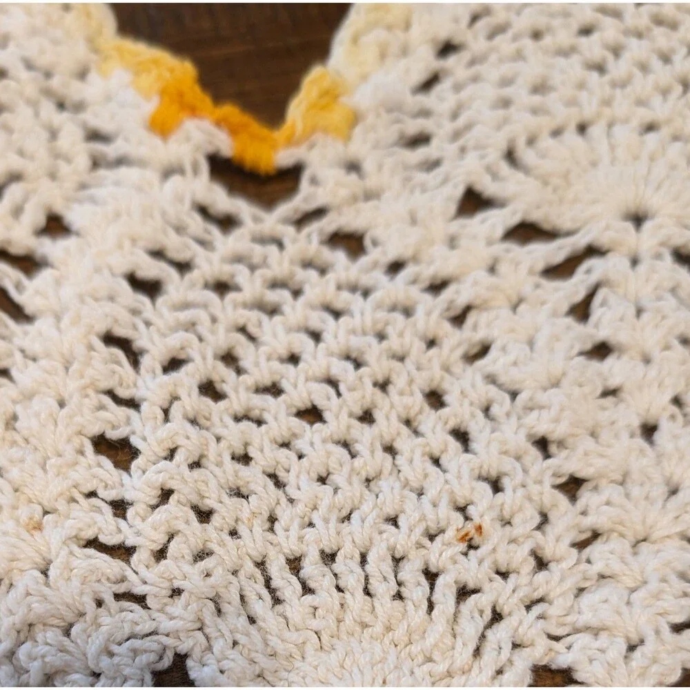 Large Star Shaped Round Crocheted Cotton Doily Orange Off-White  21.75